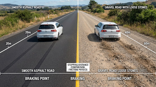Two cars braking on a smooth asphalt road and a gravel road