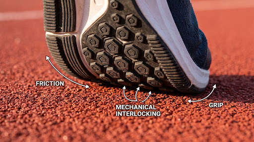 Running shoe sole with friction treads gripping a running track